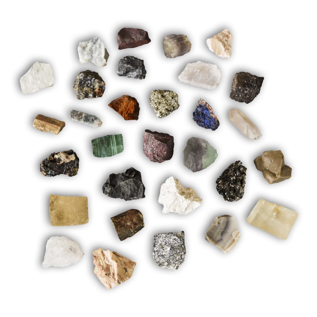 Colección de 30 Minerales didácticos Premium en Caja de Madera Natural - Minerales Reales educativos de Gran tamaño con Hoja de descripción. Kit Geología para niños