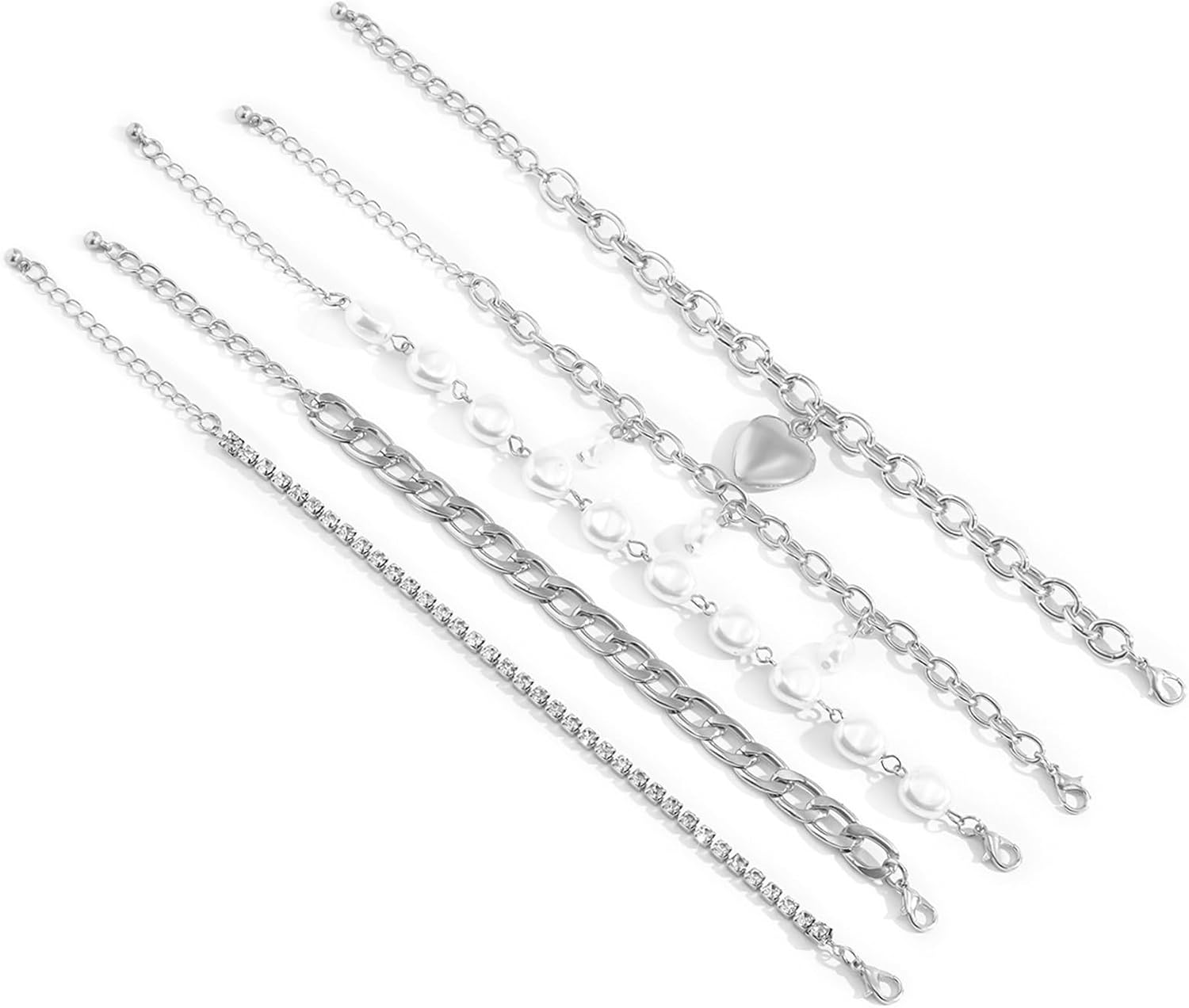 Fashion Layered Gold Pearls Bracelets Set for Women Chunky Cuban Link Chain Bangles Boho Adjustable Rhinestone Heart Bracelets Jewelry Gift - Image 8