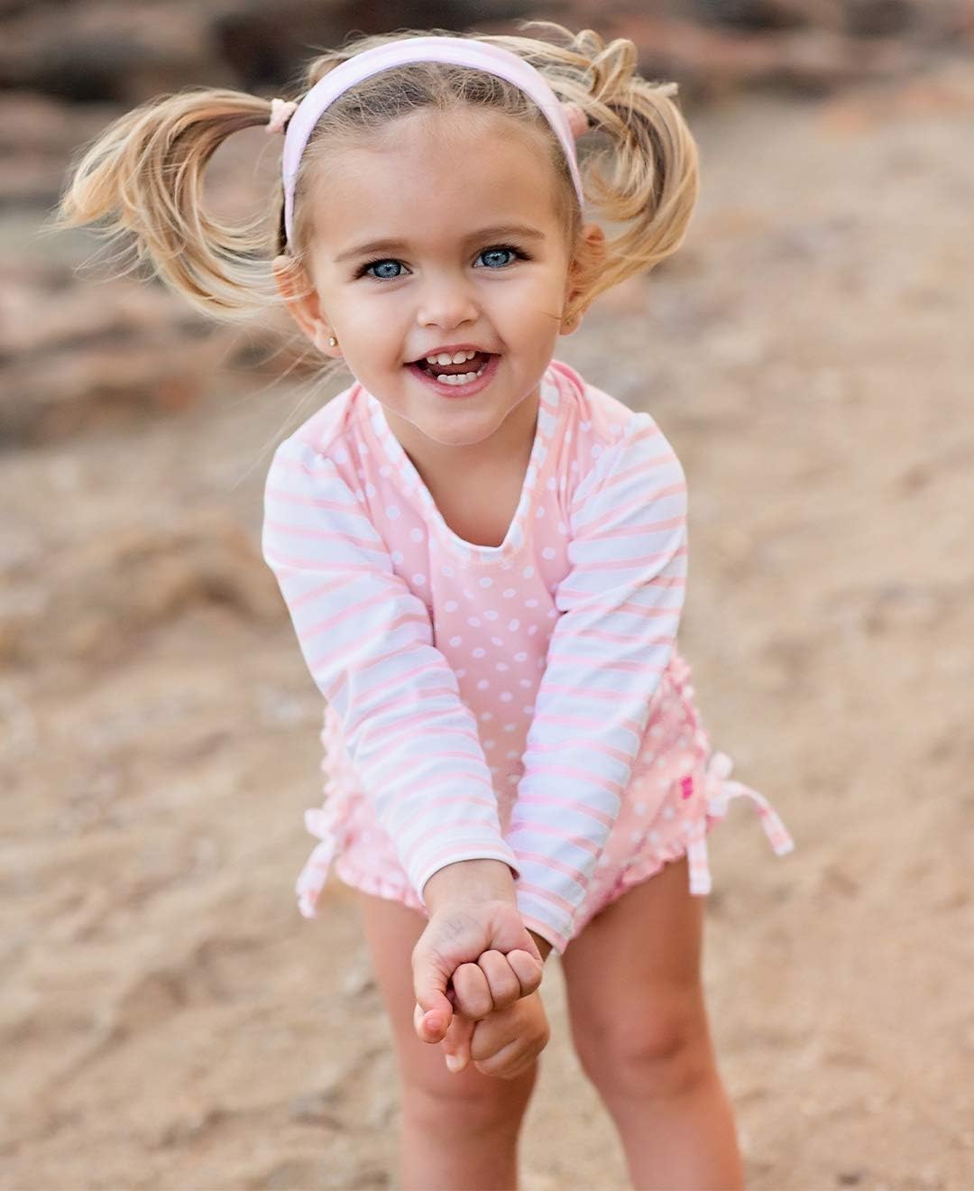 RuffleButts Baby Girls UPF 50+ Sun Protection Gingham Printed Long Sleeve One Piece Rash Guard Swimsuit with Zipper