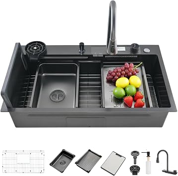 Waterfall Kitchen Sink 30 Inch Drop-in Single Bowl Stainless Steel Multifunctional Kitchen Sink with 2-in-1 Faucet and Accessories Black-Waterfall, 30"