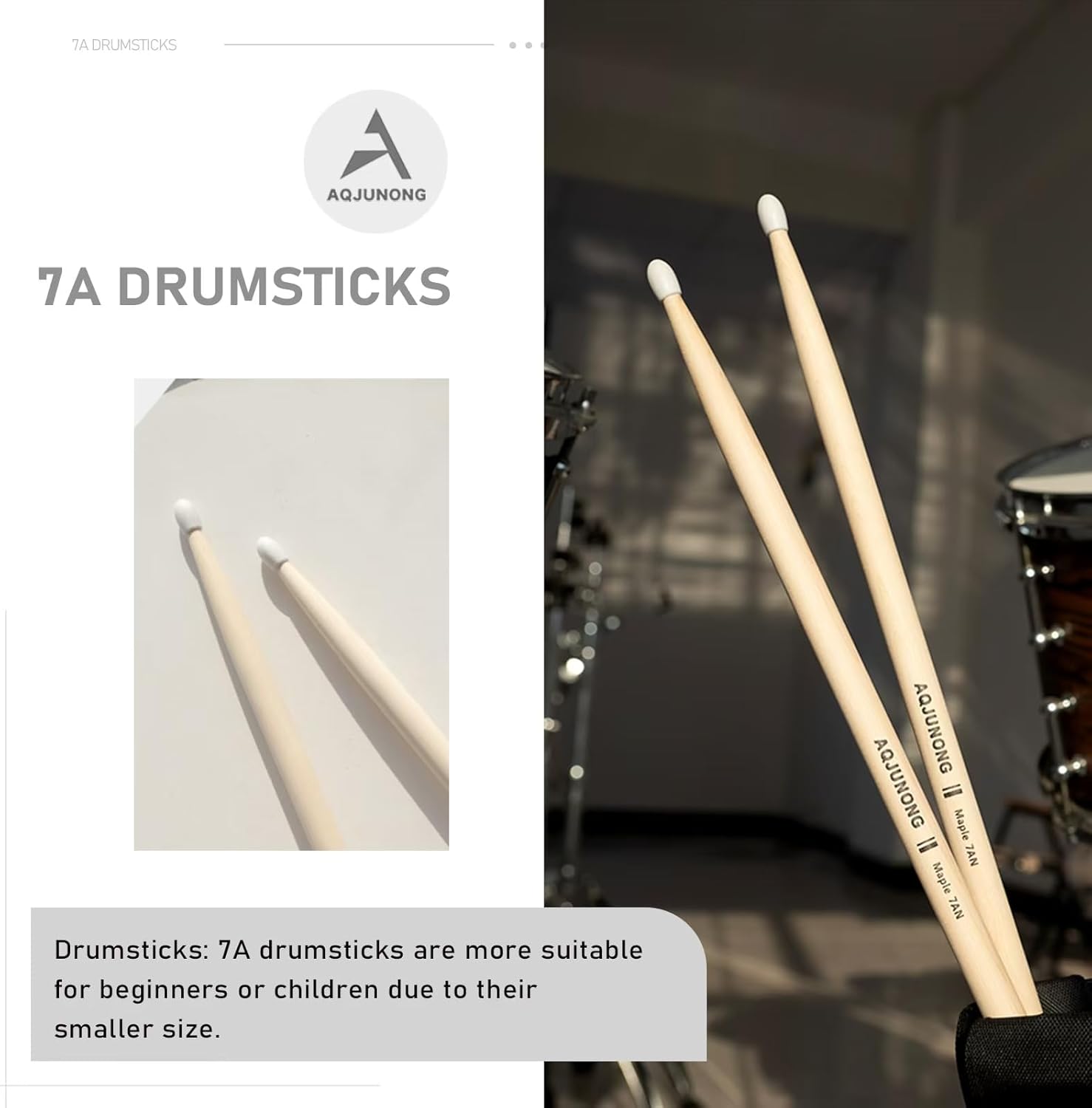 Drum Sticks, 7A Drumsticks Nylon Tip Set for Acoustic Drums or Electronic Drums, Maple Drum Sticks 7A for Drummers and Beginners (12 Pair)