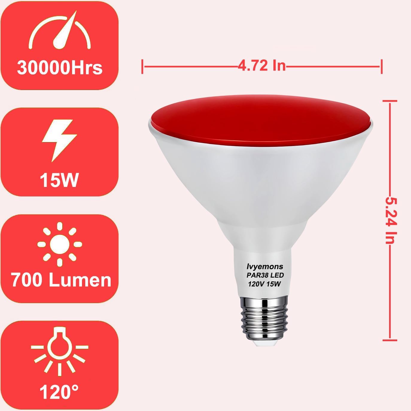 PAR38 Red Light Bulb Dimmable, 2 Pack High Output 700Lumens LED Bulb PAR38 15W Equivalent 100W 120V, E26 Base, Red PAR 38 Flood Light Bulbs with CRI85+ for Christmas, Halloween, Porch Party