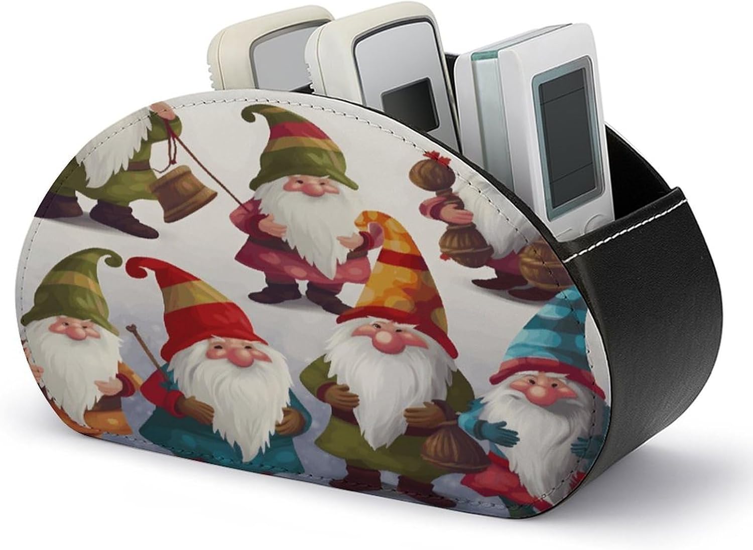 Xmas Funny Gnomes Remote Control Holder with 5 Compartments PU Leather Remote Control Organizer Multi-functional Storage Caddy for TV Remote Glasses Brushes Media Player Pen