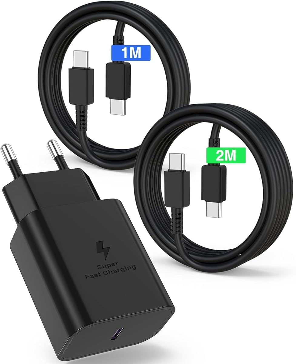 45W Cargador Carga Rapida 2M+1M, Cargador USB C con Cable Tipo C,Enchufe Tipo C para Samsung Galaxy S24/S25/S23/S22/S21 Ultra/S20/S20+/Note 20/10/A73/A53/A52/s10/s9