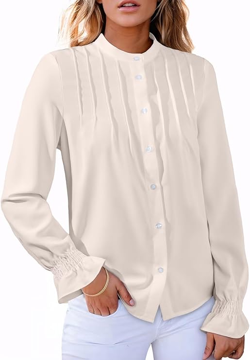 Astylish Women's Casual Blouses Button-Down Business Work Tops Long Sleeve Mandarin Neck Pleated Shirts 2025 Fall Outfits