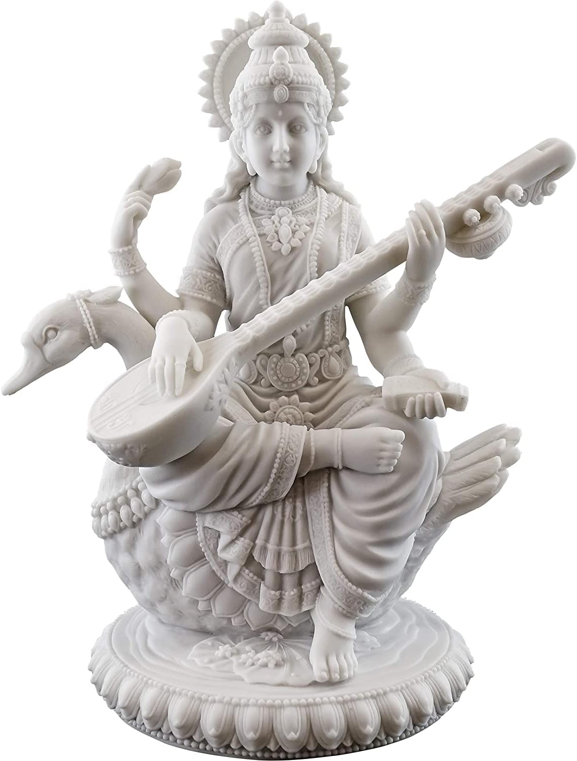 SrI Krishna CULTURE-Big Beautiful Saraswati Sitting On Swan Playing Sitar Showpiece for Home Decoration-Height-8.5 Inches-Glossy White-Marble