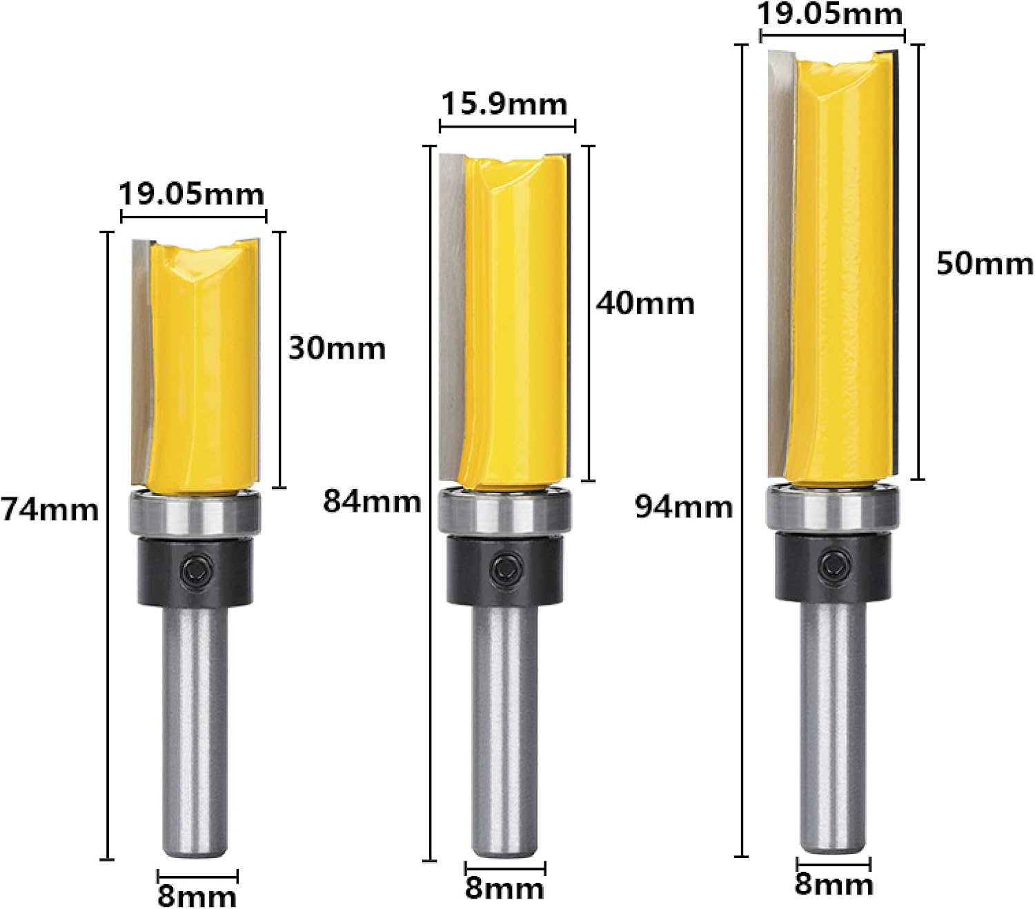 Drill Bit 8mm Shank Flush Trim Bearing 5/8" Blade Template Router Bit Straight Slot Pattern Bit Carbide End Mill,3 Pcs Set