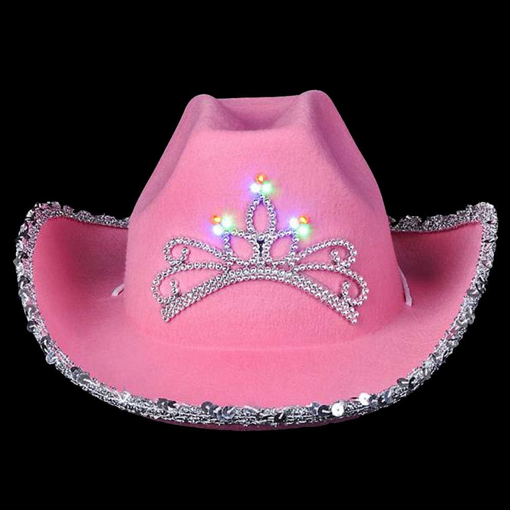 ArtCreativity Light-Up Pink Cowboy Hat for Girls - Sparkly Cowgirl Hat with Sequins and a Dazzling LED Tiara - Cute Cowgirl Birthday Party Hat for Girls - Fun Shiny Cowgirl Costume Accessory : Clothing, Shoes & Jewelry