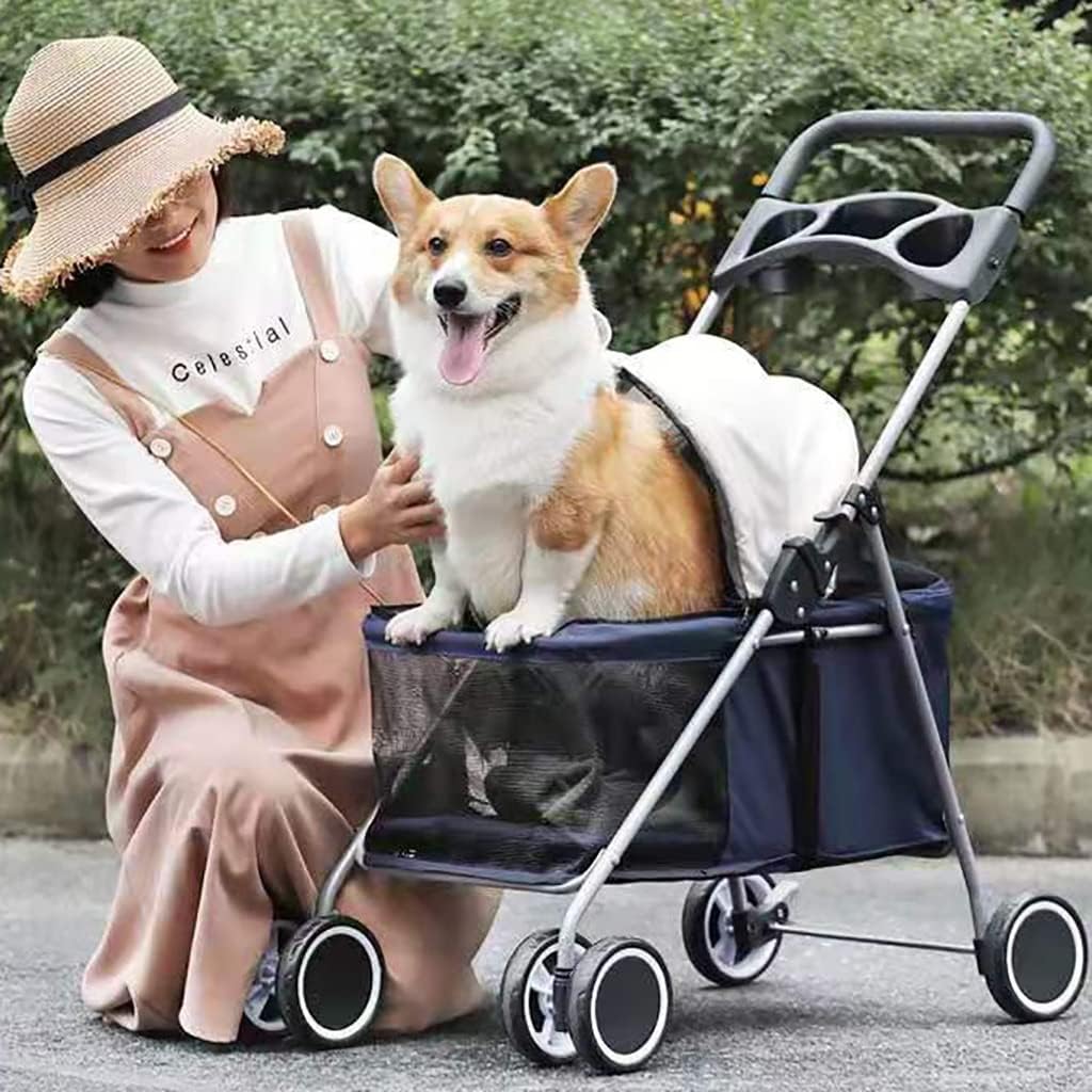 Pet Stroller Simple One-Hand Folding 4-Wheel for Cat/Dog Reversible Direction Universal Wheel Seat Belt with Link Brake (Black)