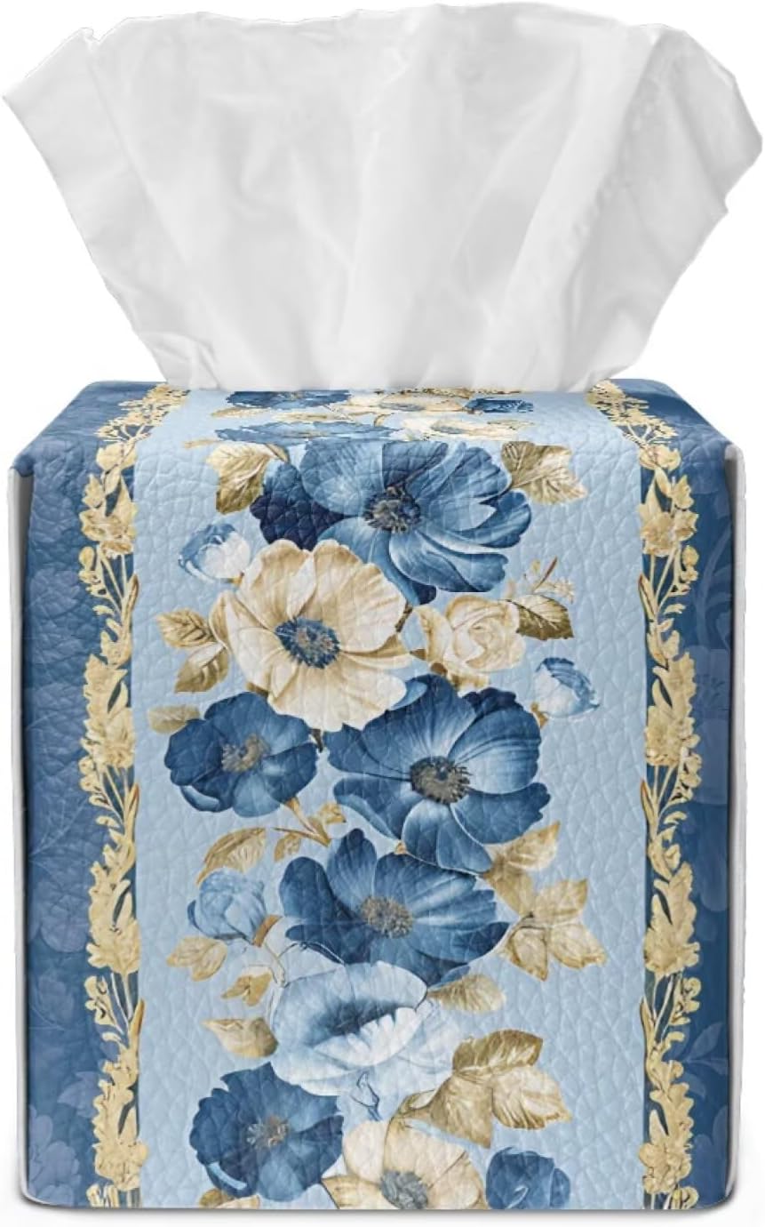Talayituse Blue Floral Print PU Leather Tissue Box Cover, Square Tissue Box Holder, Home Decor Facial Napkin Holder for Bathroom, Bedroom, Night Stand, Parlors, Offices image 2
