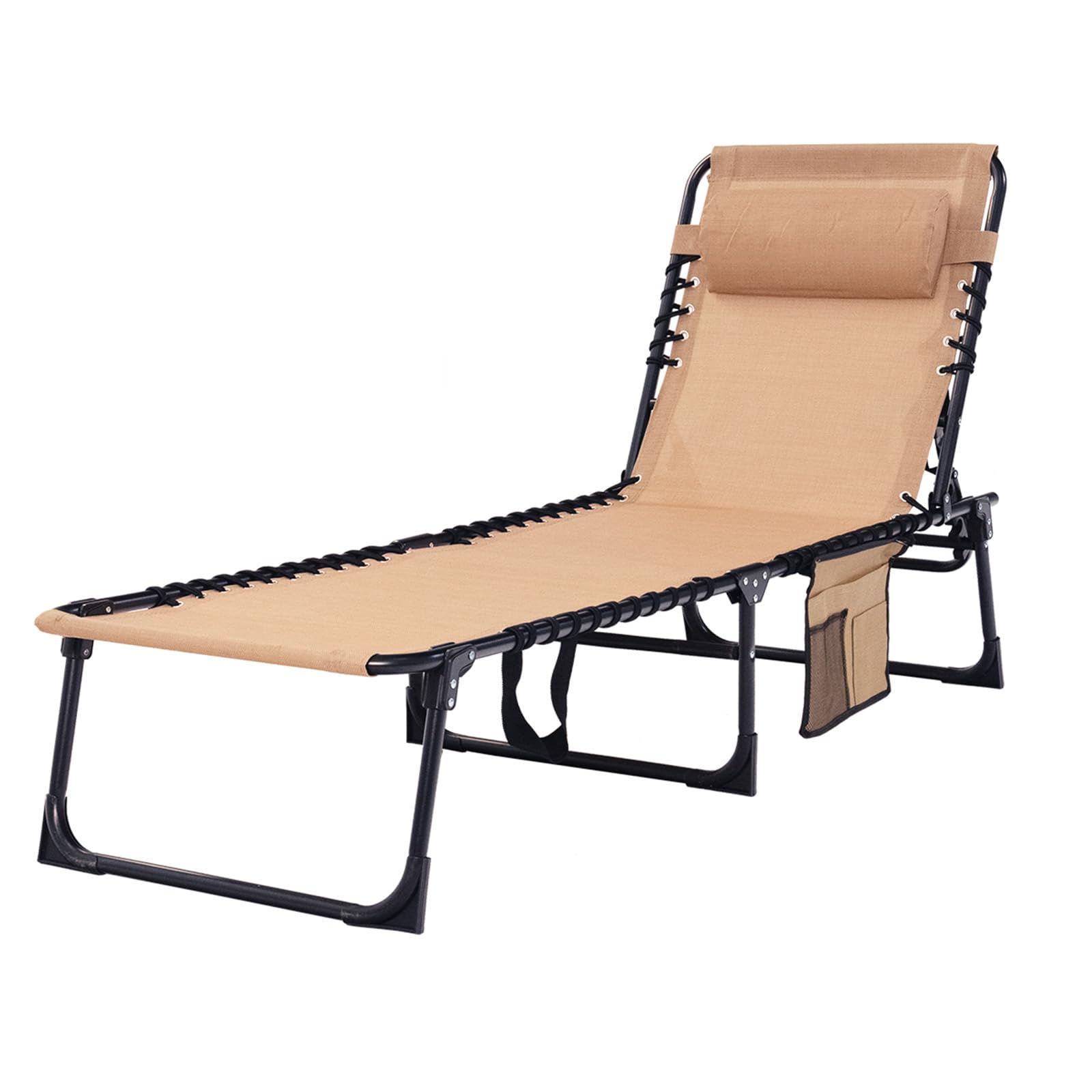 Folding Chaise Lounge Chair Bed - Heavy-Duty 400lb Capacity Portable Adjustable Recliner w/Pillow for Patio, Pool, Camping, Sunbathing - Lay Flat Design (Beige)