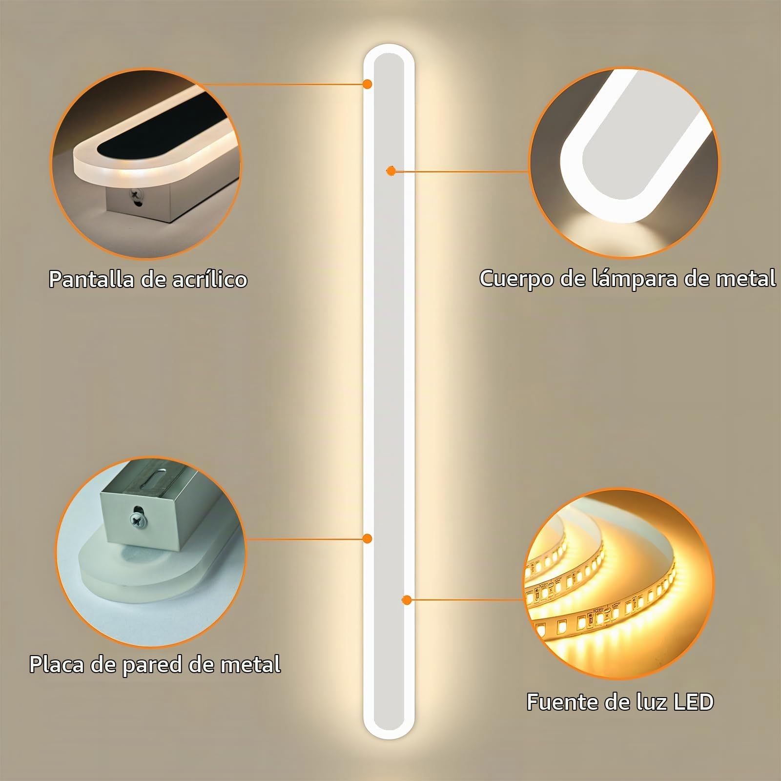 Aplique Pared Interior LED,28W Lampara de Pared Moderna 3000K/4000K/6000K para Sala de Estar Pasillo Escaleras Apliques Pared Dormitorio,80CM Blanco 110-240V