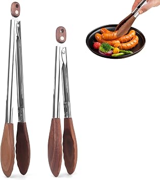 2-pcsTongs for Cooking with Wooden Tips - Nonstick Cooking Tongs & Salad Tongs for Blooming Food,Cooking, BBQ and Tossing Salad - Made of Natural Walnut Wood,Long Style15inch Short Style 11.4inch