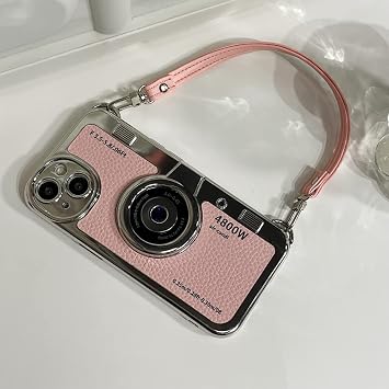 ケース iPhone 16 Pro Max対応 かわいい 3D ビンテージ カメラ電話ケース ハンドストラップ付き ユニーク クール シリコン TPU ケース 耐衝撃保護ケース 女性 ガールズ iPhone 16 Pro Max ピンク