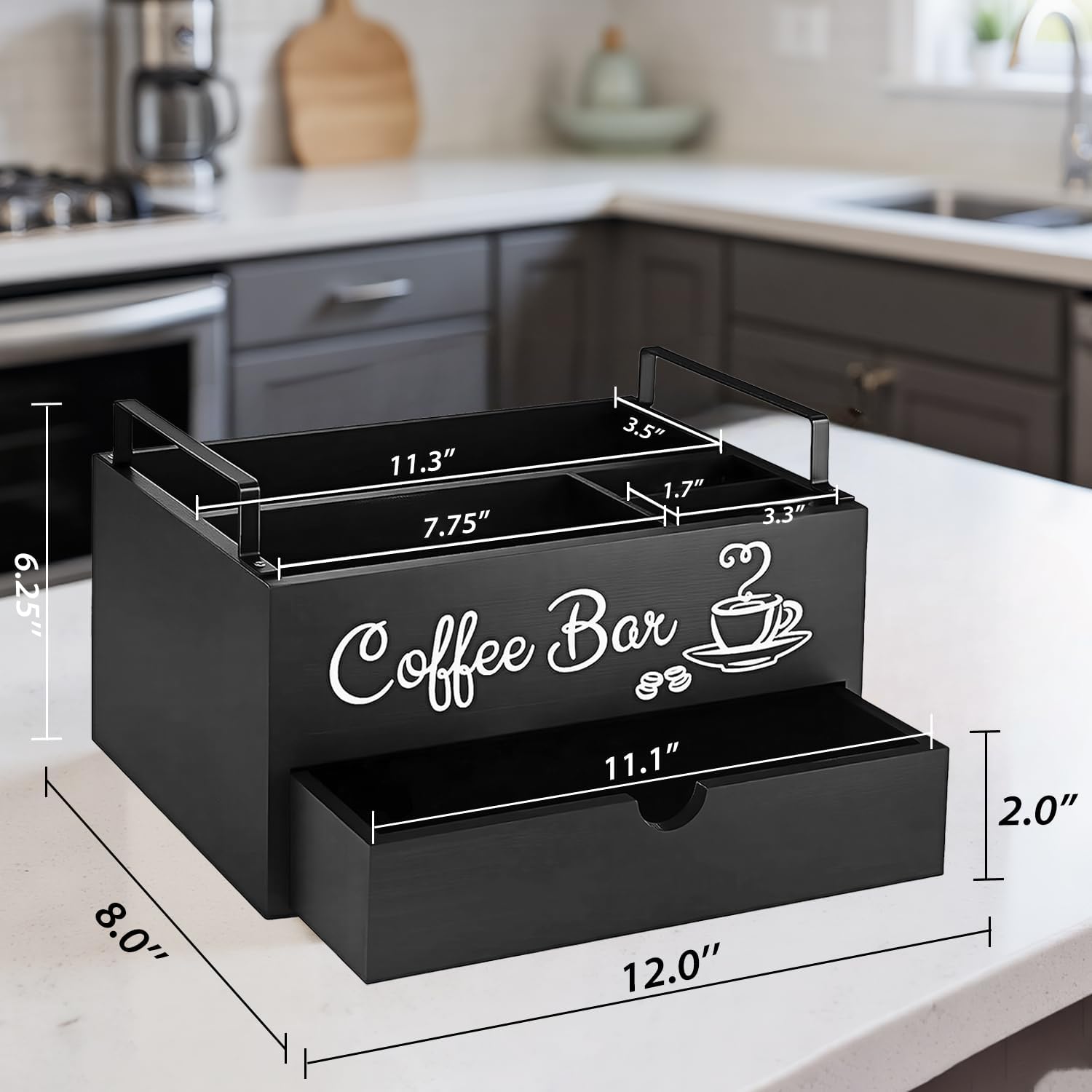 Wood Coffee Bar Organizer with Handle, Coffee Station for Countertop, Bar Station Accessories for Decor, 5 Countertop Storage Accessories Tea Bag Organizer (Double-Deck)