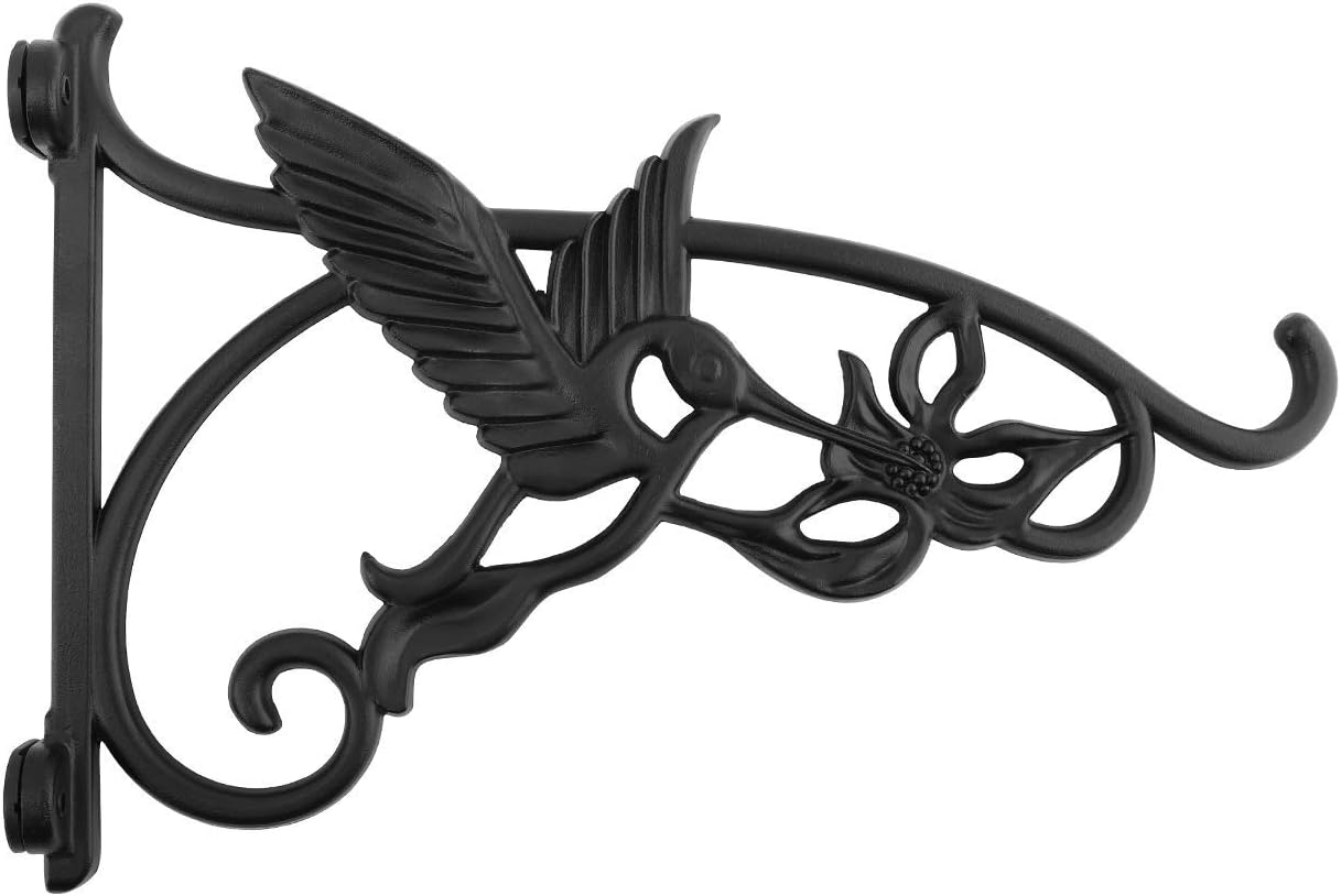 Lewondr Wall Hanging Plant Bracket, 13 Inch Retro Outdoor Indoor Garden Hook Décor Wrought Alloy Decorative Plant brackets with Screws for Balcony Bird Feeder Wind Chime Lantern, Humming Bird - Black