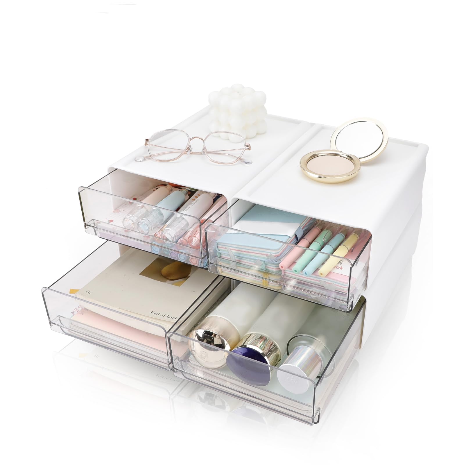 4Tier Stapelbarer Schreibtisch-Organisator mit Schubladen, Plastic Storage Drawer Units Compact Desktop Stationary Makeup Organizer Box mit Etiketten, große Kapazität Tabelle Organisation (4pc W)