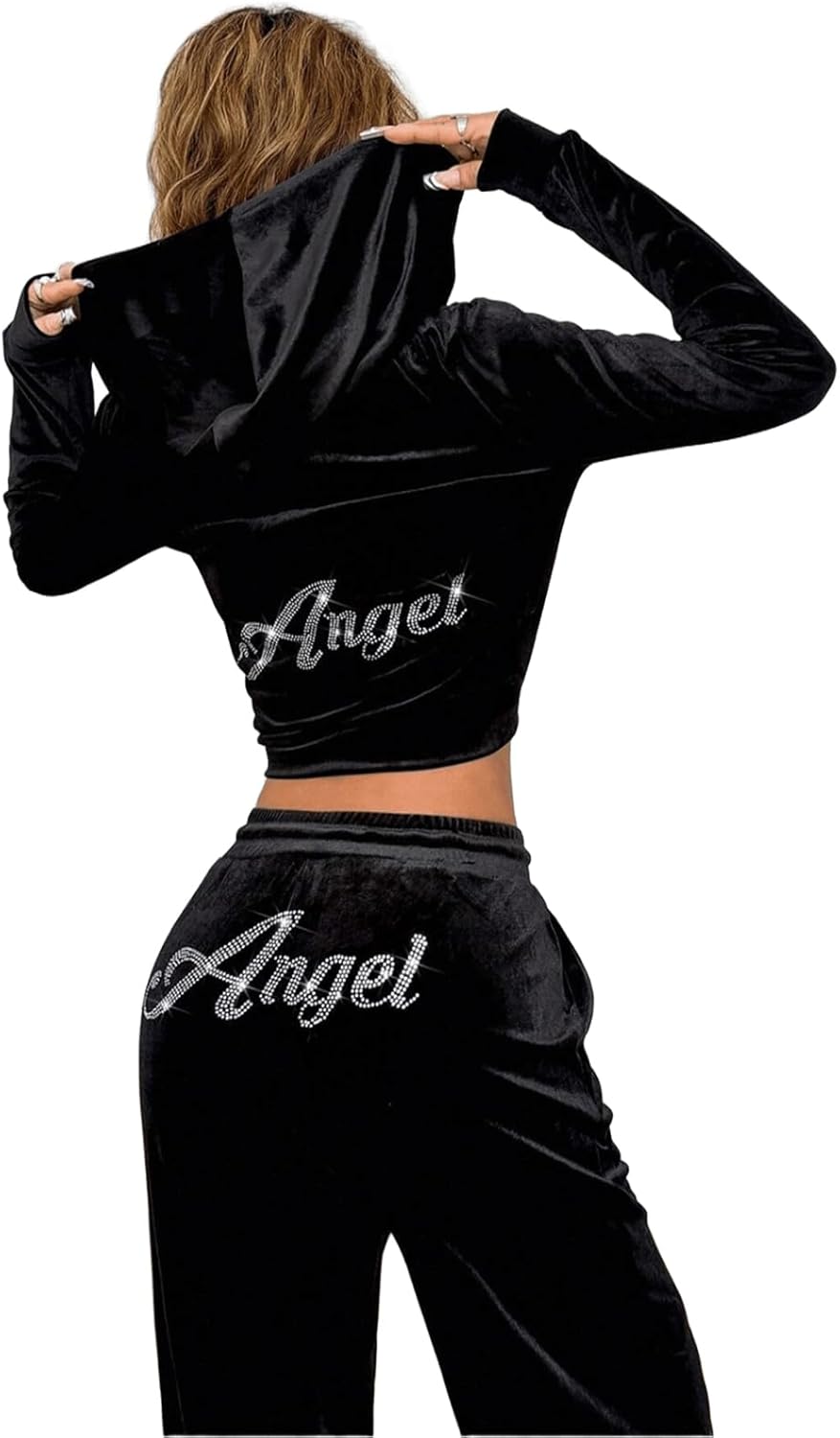 Rhinestone Decorated Hooded Zip-Up Top And Pocket Pants Women Casual Sport Suit, Available in Black, Green, Brown, Pink Color