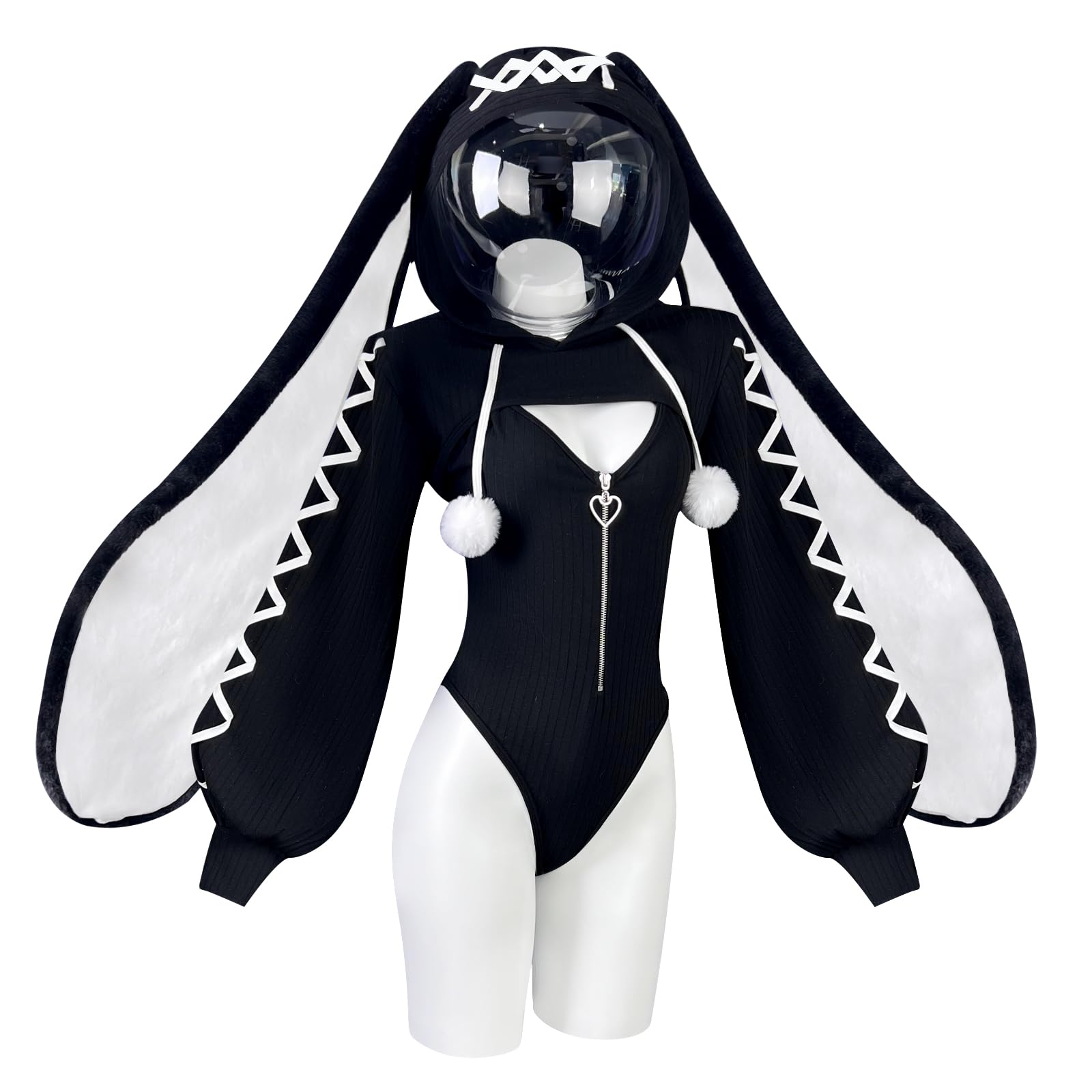 KORURACLUB Cosplay Sexy Bunny Outfit (3-teiliges Set) Maid Cosplay Dessous Tierkostüme Bunny Bodysuit(Großohrkaninchen Schwarz, L-XL)