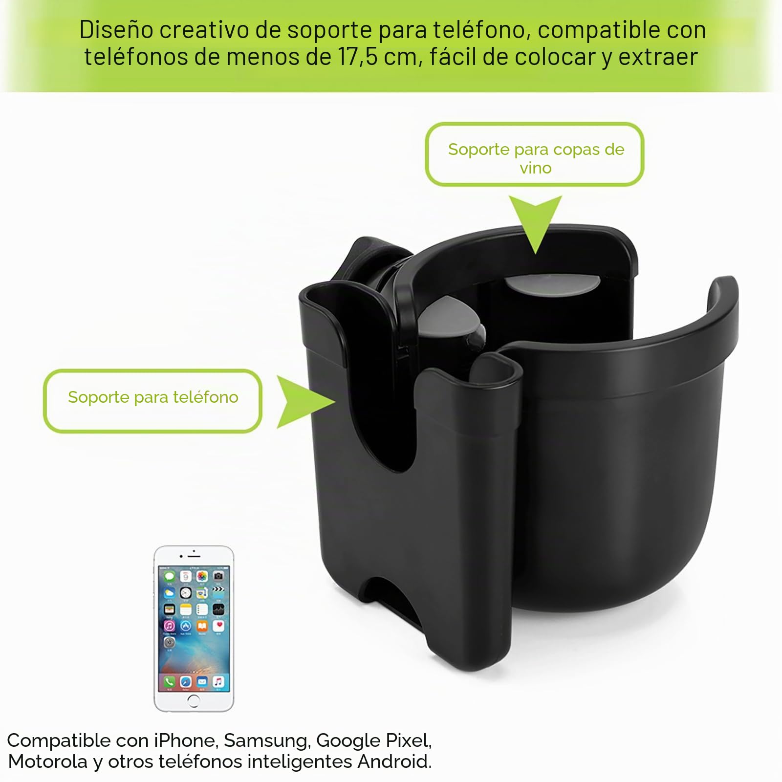 Accmor - Organizador 2 en 1 para carrito de niño con soporte para teléfono y posavasos, soporte universal para taza para la bicicleta, la silla de ruedas, el andador o la silla de paseo