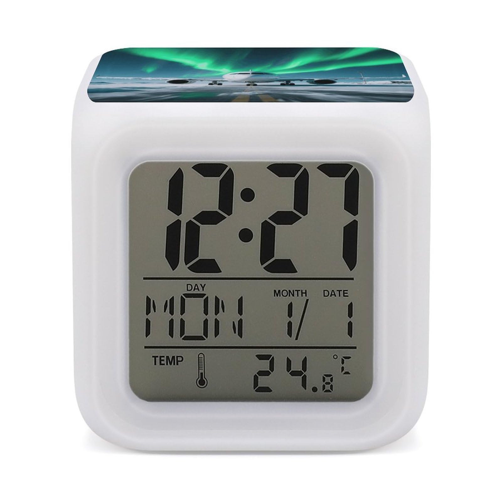 7 Color Ambient Night Light Cube Battery Operated Airplane Under The Polar Night Sky Digital Clock with Snooze Temperature LED Digital Alarm Clocks Dimmable Wake Up Light Portable Mood Lamp for Bedroo