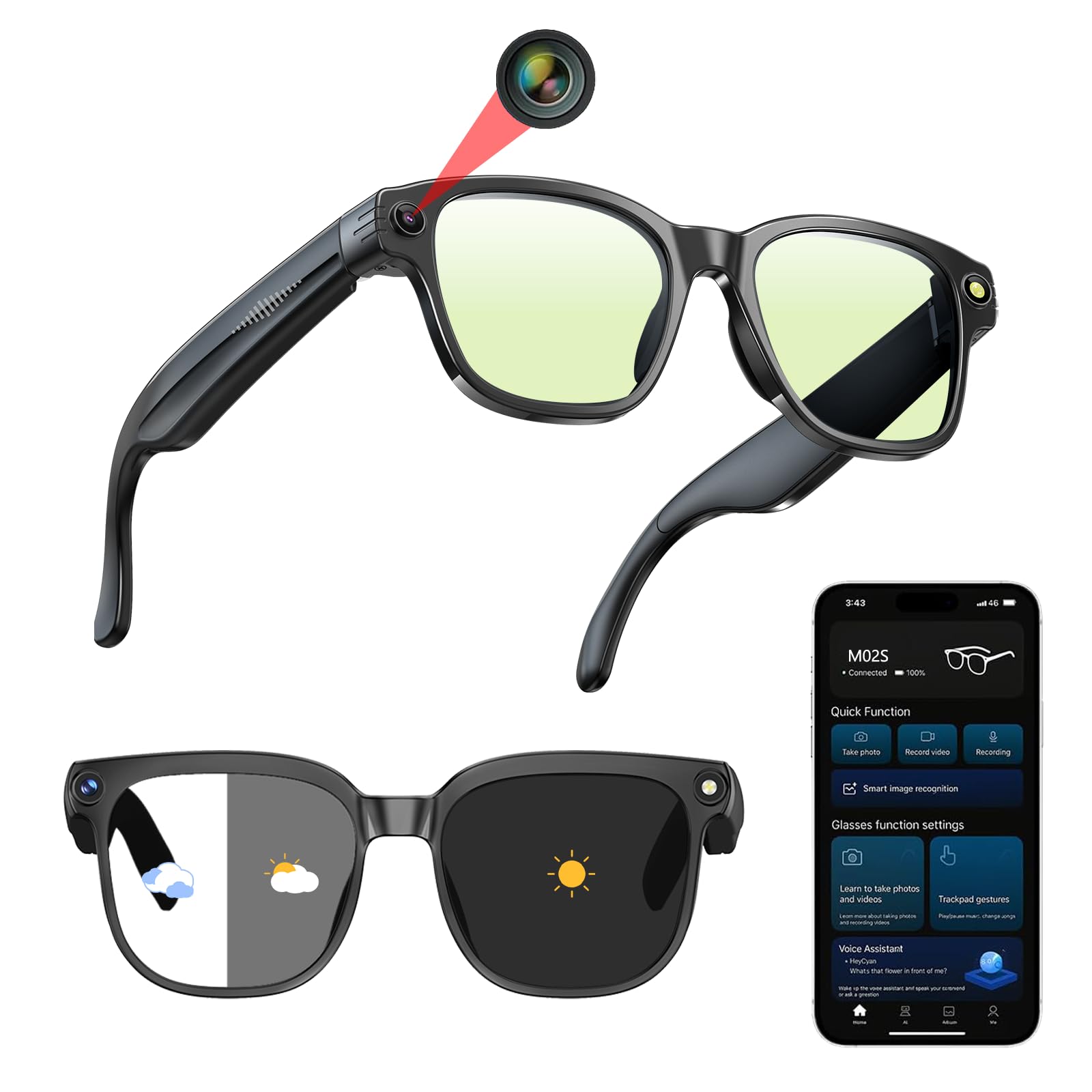 AI Smart Glasses with Camera 1080P HD Video Recording Hands-Free Video Photo Recording Real-Time Translation Bluetooth Open-Ear Audio