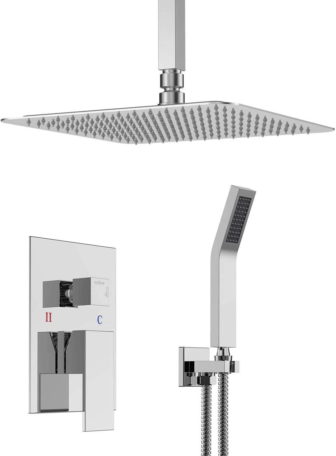 S R SUNRISE SRSS-C1003 Flush-Mounted System Luxury Set with Ceiling Installation Rain Head Hand Shower Polished, Chrome, 10 Zoll