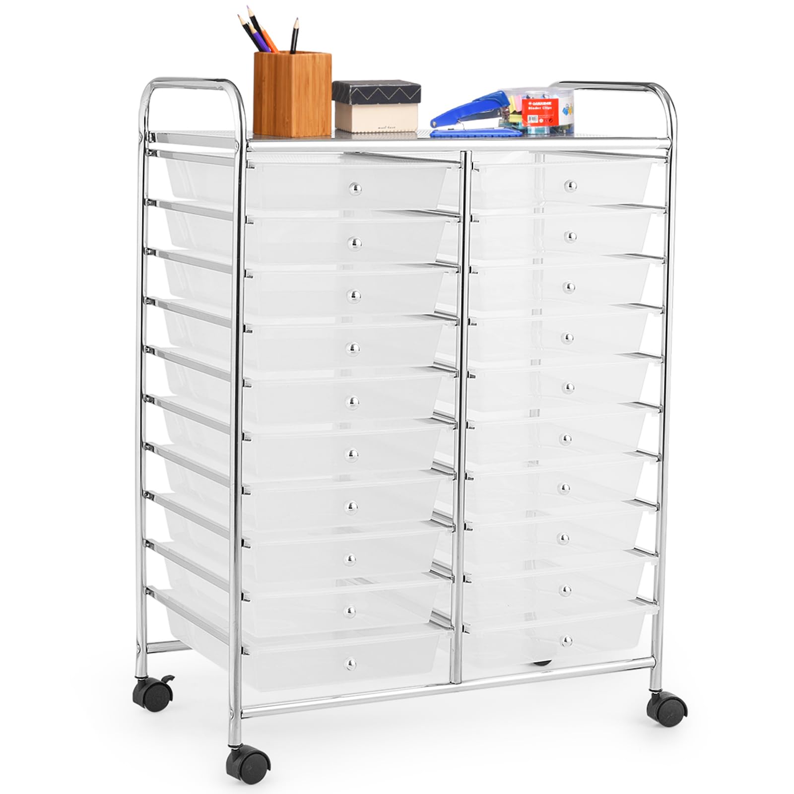 COSTWAY Carrello di Stoccaggio con 20 Cassetti, Carrello portaoggetti con 4 Ruote, Carrello Multiuso per Scuola Ufficio Cucina, 64 x 39 x 88 cm (Trasparente)
