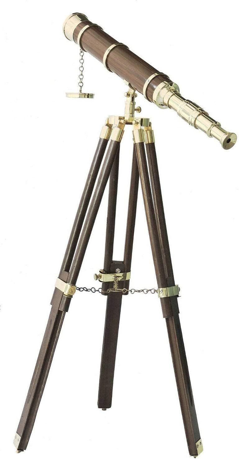 Nautical Antique 18" Brass Wood Spyglass Telescope with Wooden Tripod Marine Scope