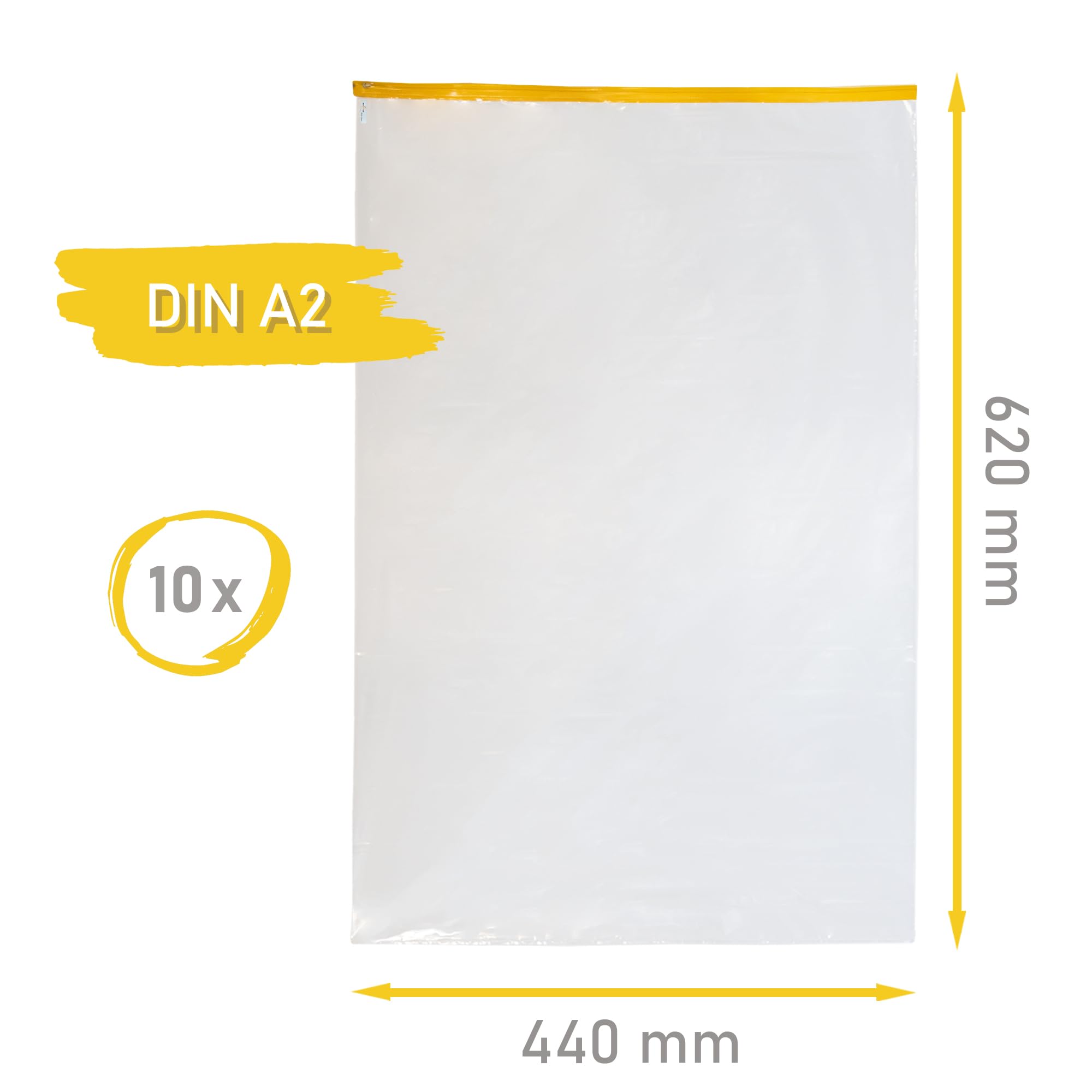10x Pokrowiec na Plandekę DIN A2, 440 x 620 mm, Gruby 100 My | Wodoodporna osłona z żółtym zapięciem strunowym i ochroną UV. Wytrzymałe woreczki ochronne w zestawie 10 sztuk.