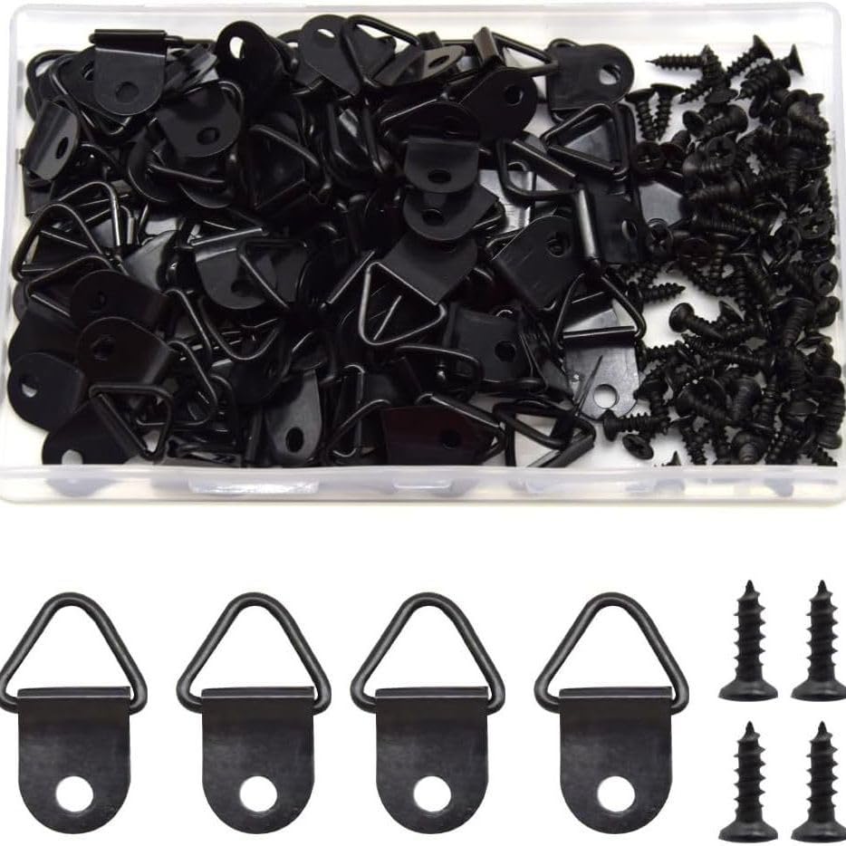 Image of Guojiang Triangle Ring Picture Hangers,100PCS Picture Hooks Kit,Single Hole Frame Hanging Hangers Wall Bracket Hanger with Screws for Photo Frame Paintings Artwork Mirrors, Black
