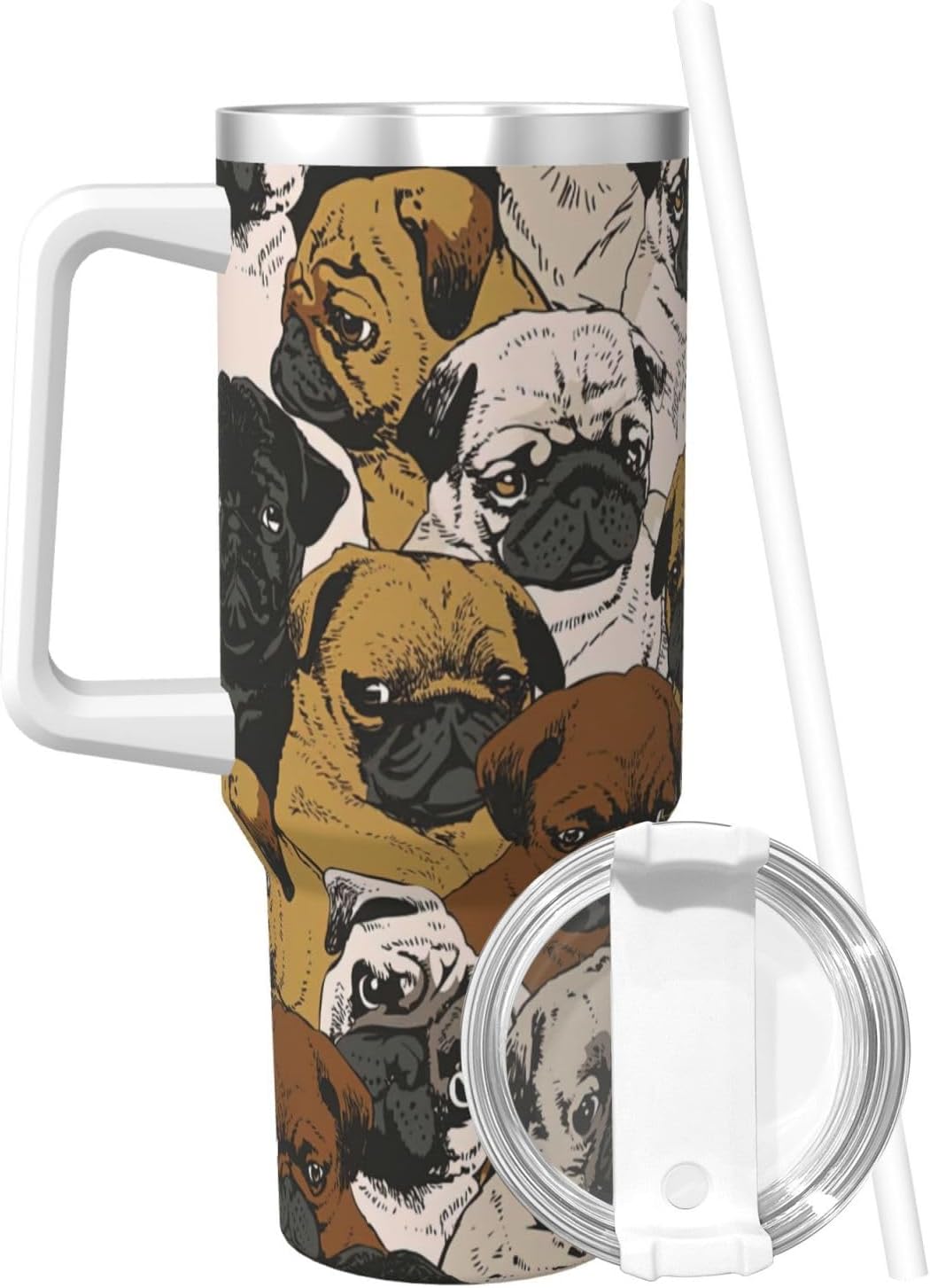 40 OZ Imagen De Pug Print Ice Bully Cup with Handle Straw Lid Straw,Stainless Steel Tumbler Coffee Cup