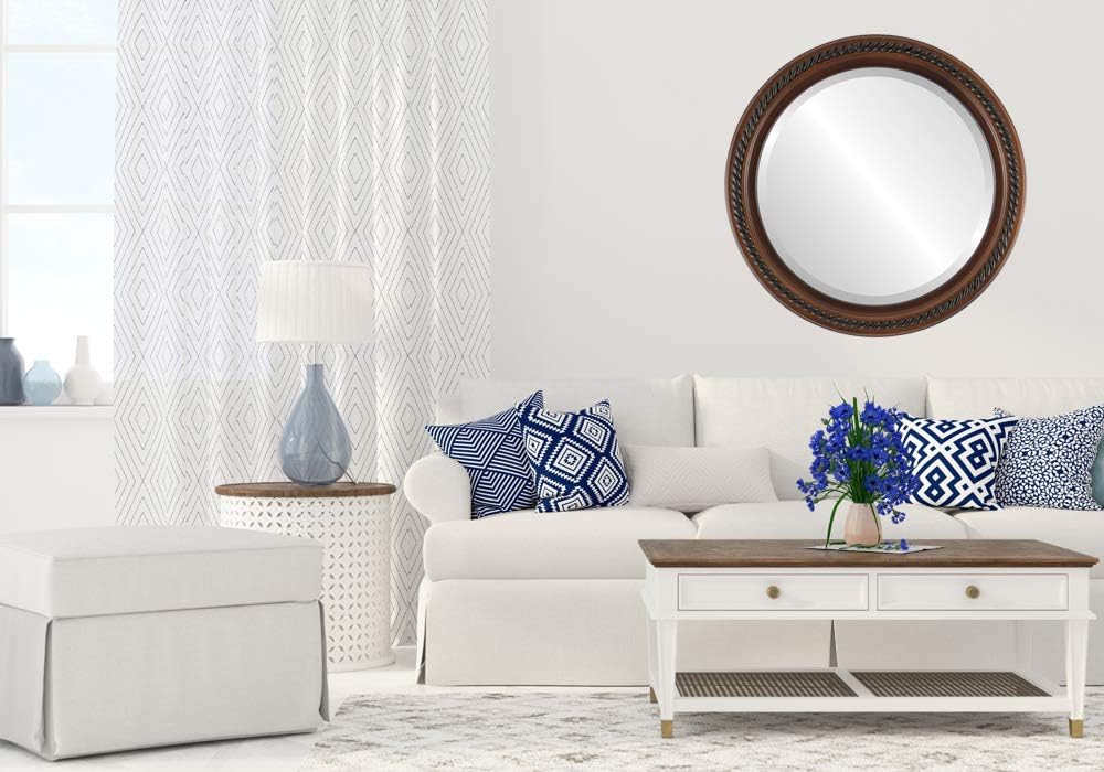 OVALCREST Round Beveled Wall Mirror for Home Decor - Santa Fe Style - Walnut - 32x32 Outside Dimensions