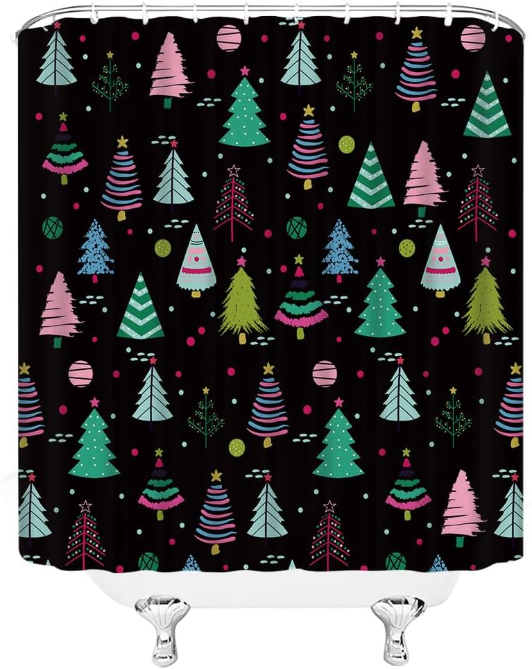 Christmas Tree Shower Curtain Colorful Xmas Tree Abstract Cute Cartoon Winter Holiday Bathroom Decor Curtain with Hooks,Black