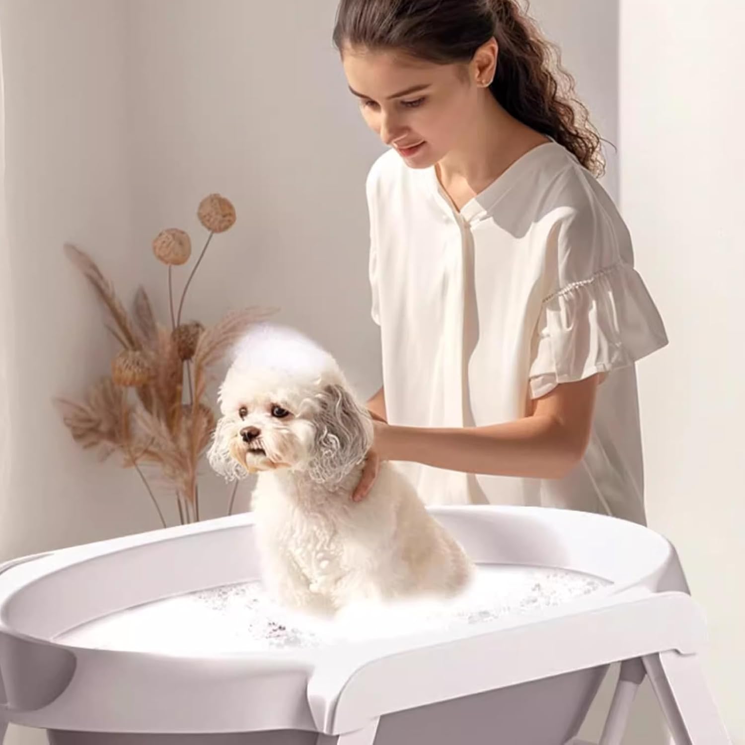 Collapsible Pet Bathing Station, White and Gray, Portable Grooming Tub with Stand, 94cm Height, Foldable Design for Storage, Indoor Pet Care