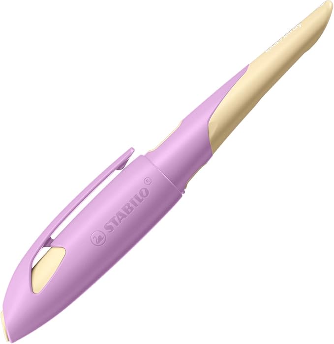 STABILO – Ergonomischer Schulfüller für Rechtshänder mit Anfänger-Feder A – EASYbirdy Pastel in soft pink/apricot – inkl. Patrone – blau (löschbar)