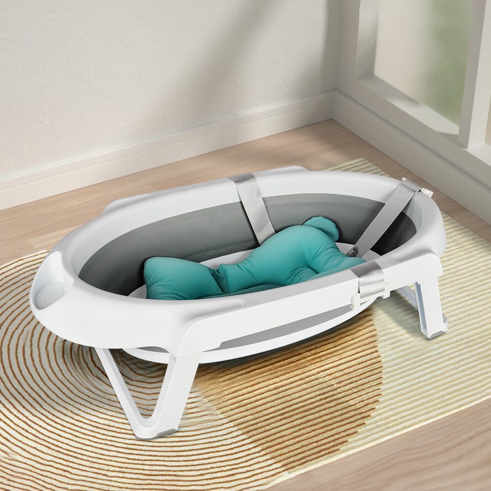 Bañera para bebés con soporte, plegable, equipada con termómetro, alfombra de baño, espacio de almacenamiento y revestimiento antideslizante, adecuada para recién nacidos (gris)