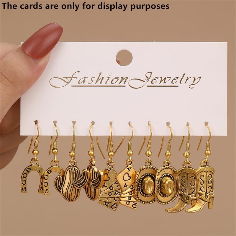 5Pairs Western Cowboy Hat Boot Cactus Horseshoe Dangle Earrings Set Vintage Punk Gold Silver Plated Western Cowboy Theme Earrings for Women Boho Ethnic Country West Jewelry Gifts - Image 3