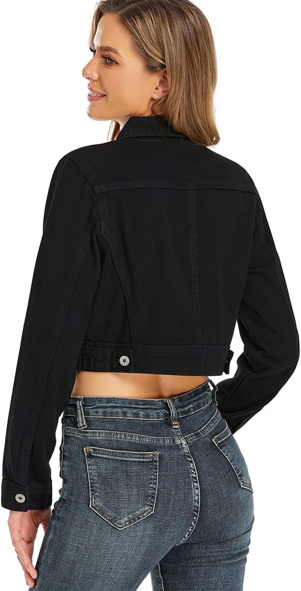 PEIQI Women’s Cropped Jean Denim Jacket Button Down Long Sleeve with Pockets - Image 5