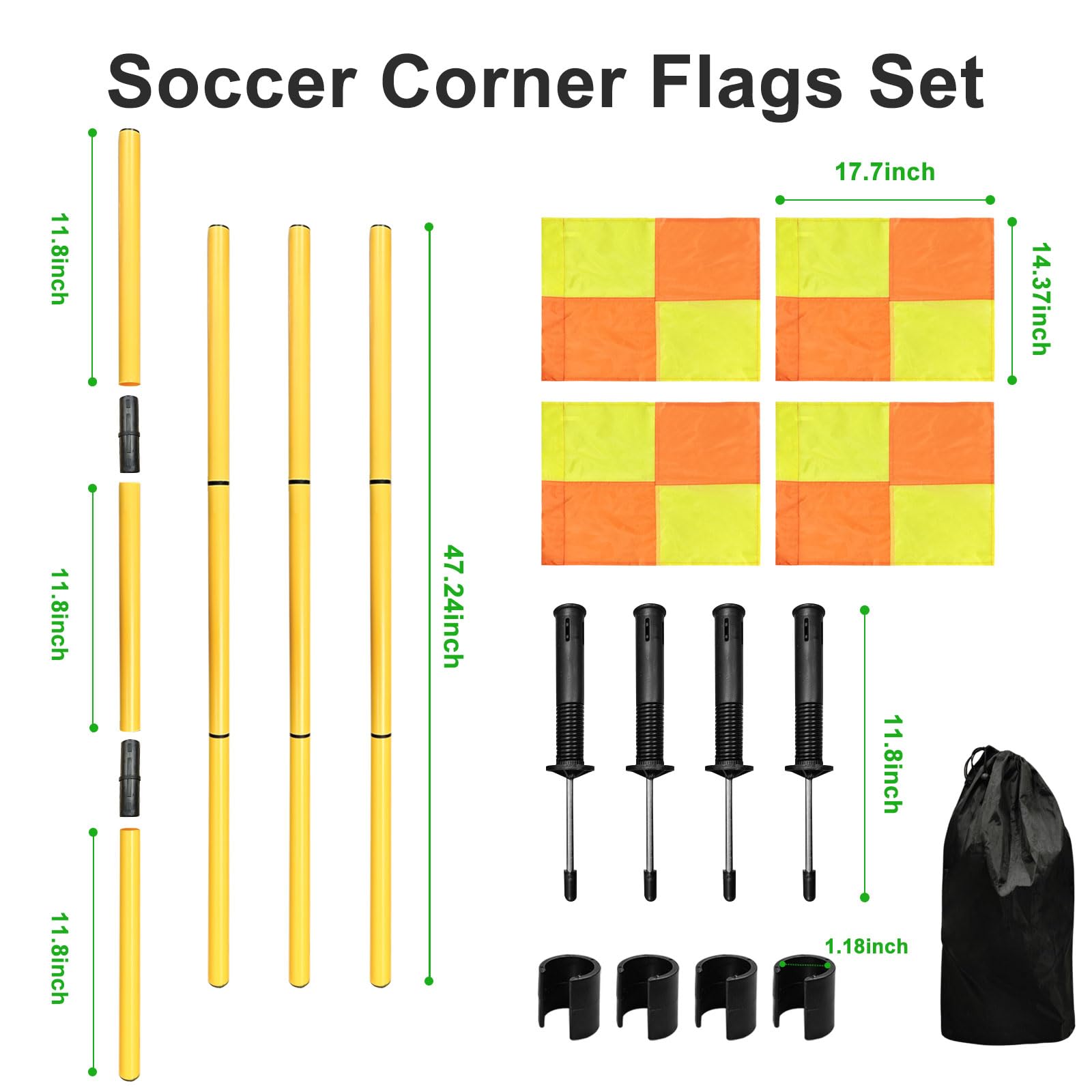 Juego de 4 banderas de esquina de fútbol, postes de entrenamiento de 5 pies para campo de fútbol, postes de bandera de esquina portátiles para entrenamiento de velocidad y agilidad, equipo de campo y