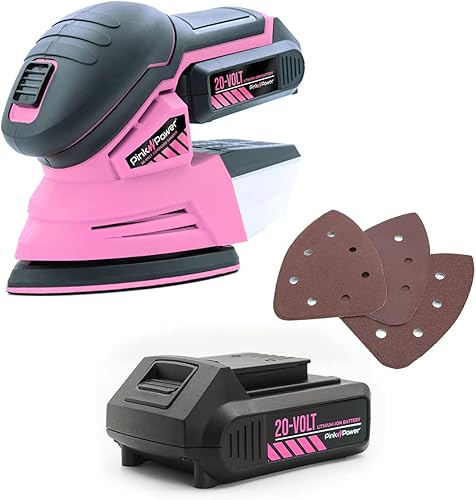 Pink Power Lijadora de detalles para carpintería eléctrica inalámbrica de 20 V para muebles de madera, mini herramienta lijadora de palma con papel