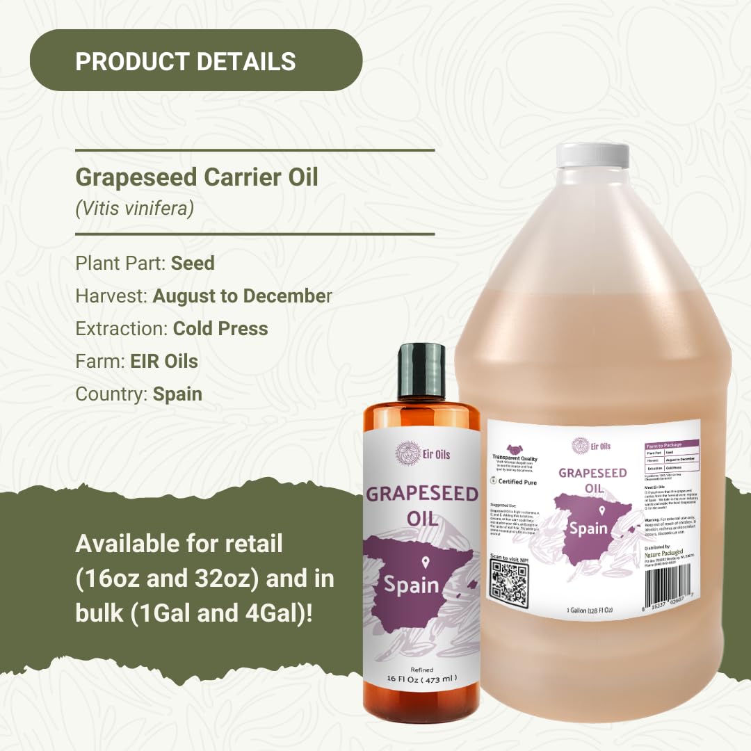 Olio di vinaccioli (1 GAl) – Direttamente dai partner di EIR Oils nel fiorente settore enologico spagnolo – Olio vettore puro al 100% per capelli, viso e pelle