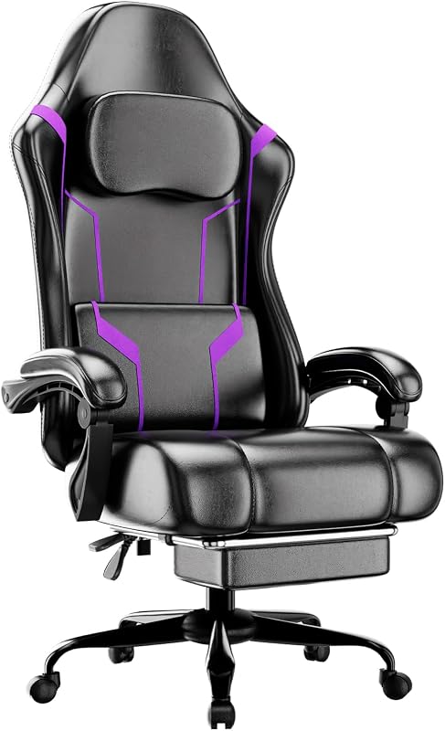 Silla ergonómica para videojuegos, silla para videojuegos con cojín de muelles ensacados y reposapiés, silla para computadora de altura ajustable con asiento giratorio y reposacabezas (púrpura)