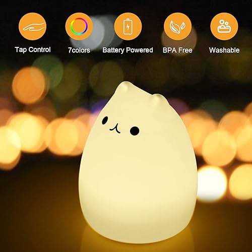 Miniatura 3 de Eoanwu Luz nocturna LED para niños, bonita luz nocturna de gato que cambia de color con control de grifo, funciona con pilas, portátil, de silicona,