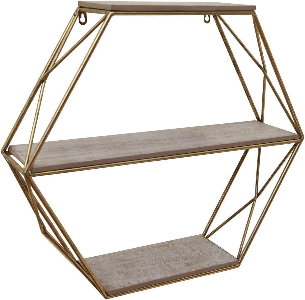 Modern Hexagon Wall Mounted with Wood and Metal Frame for Living Room - Contemporary Hanging Storage Organizer for Home Decor - Elegant Wall Shelf for House Decorations or Books - 21", Gold