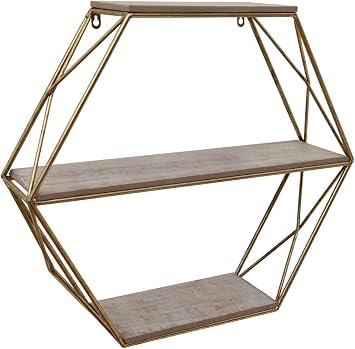 Modern Hexagon Wall Mounted with Wood and Metal Frame for Living Room - Contemporary Hanging Storage Organizer for Home Decor - Elegant Wall Shelf for House Decorations or Books - 21", Gold