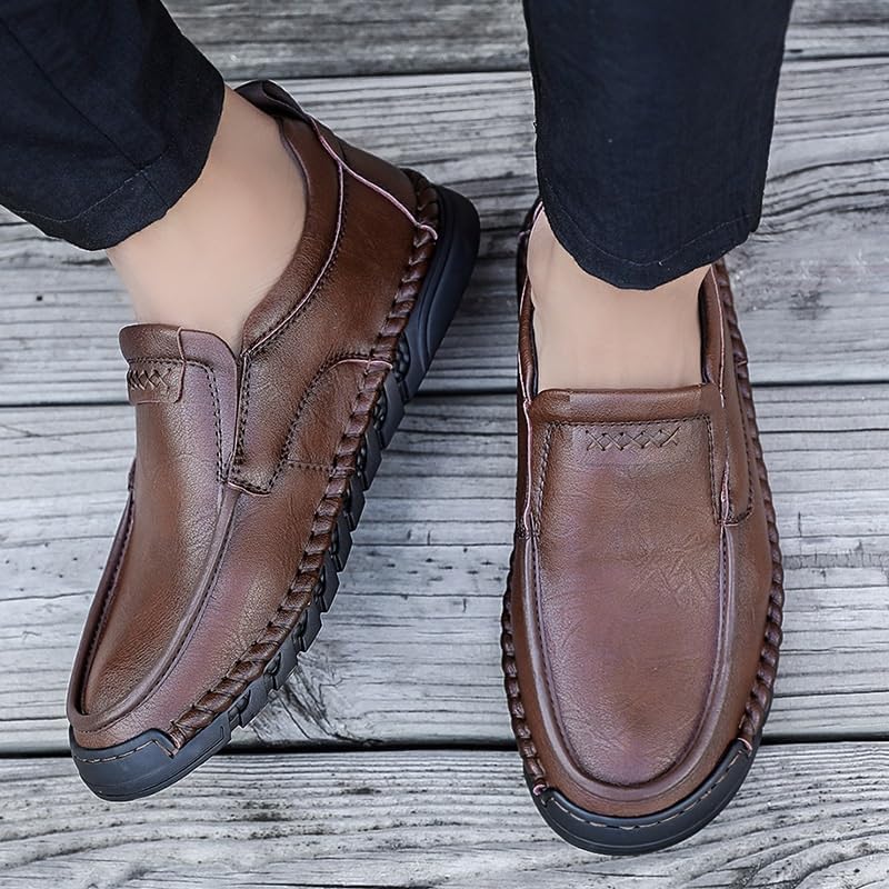 Men's Soft-Soled Loafers Round-Toed Business Slip-on Shoes Flat-Heel Breathable Shock-Absorbing Comfortable Shoes for Men