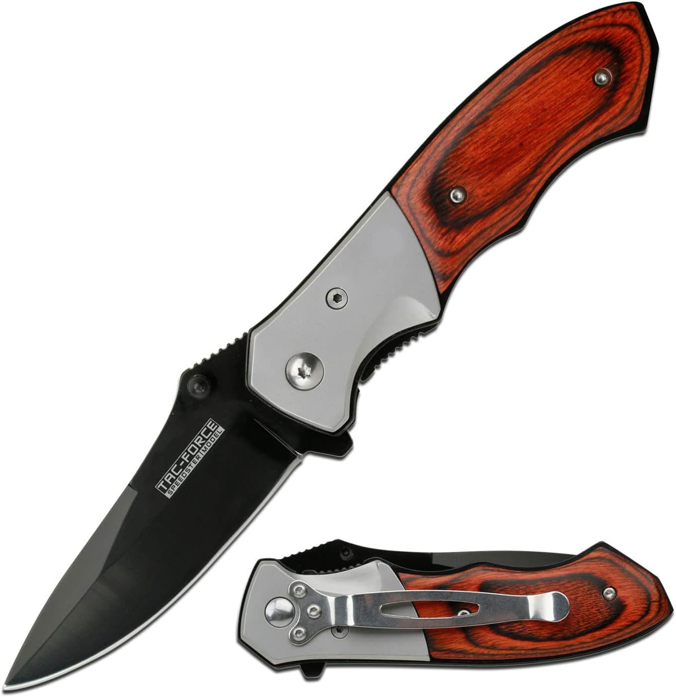 Tac-Force Folding Pocket Knife Series, Drop Point Blade, Wood Handle with Stainless Steel Bolster, Pocket Clip, Tactical, EDC, Rescue