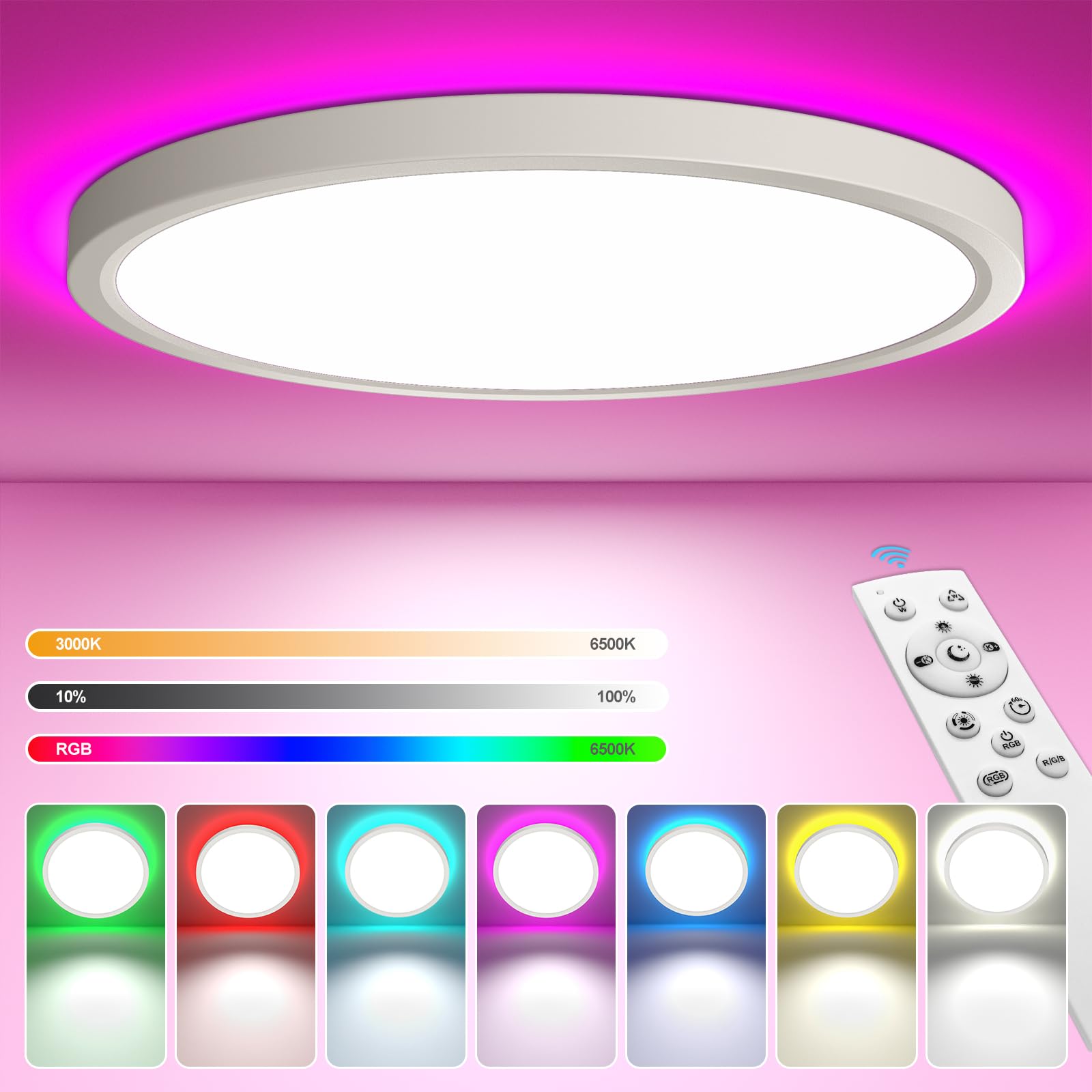YiLaie 24W Deckenlampe LED Deckenleuchte Dimmbar mit Fernbedienung RGB Farbwechsel Deckenbeleuchtung 3000K-6500K 2200LM IP44 Wasserdicht Deckenlampe Wohnzimmer Deckenleuchte Schlafzimmer Ø30cm