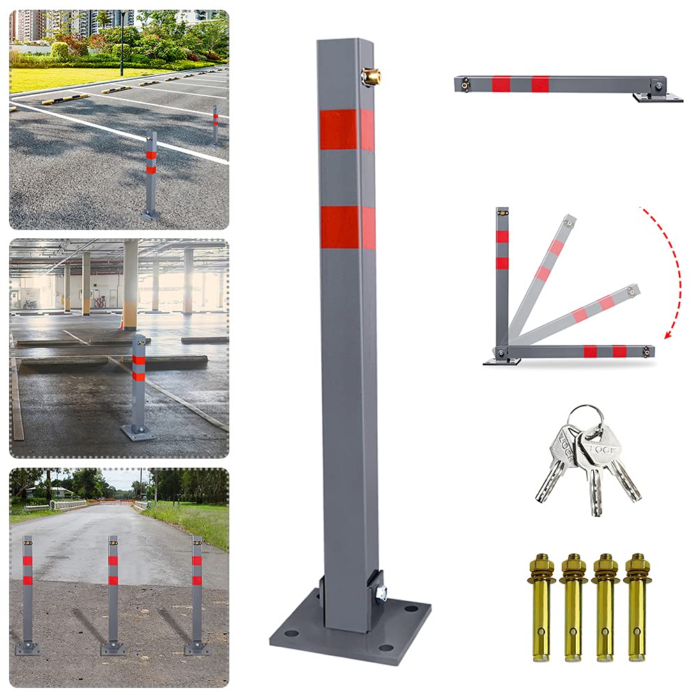 Randaco Poteaux de stationnement avec 3 clés, bandes réfléchissantes, en acier pliable, barrières de parking, robuste pied de verrouillage